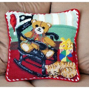 Christmas Needlepoint Throw Pillow Teddy Bear Cat VTG Red Velvet Rocking Chair